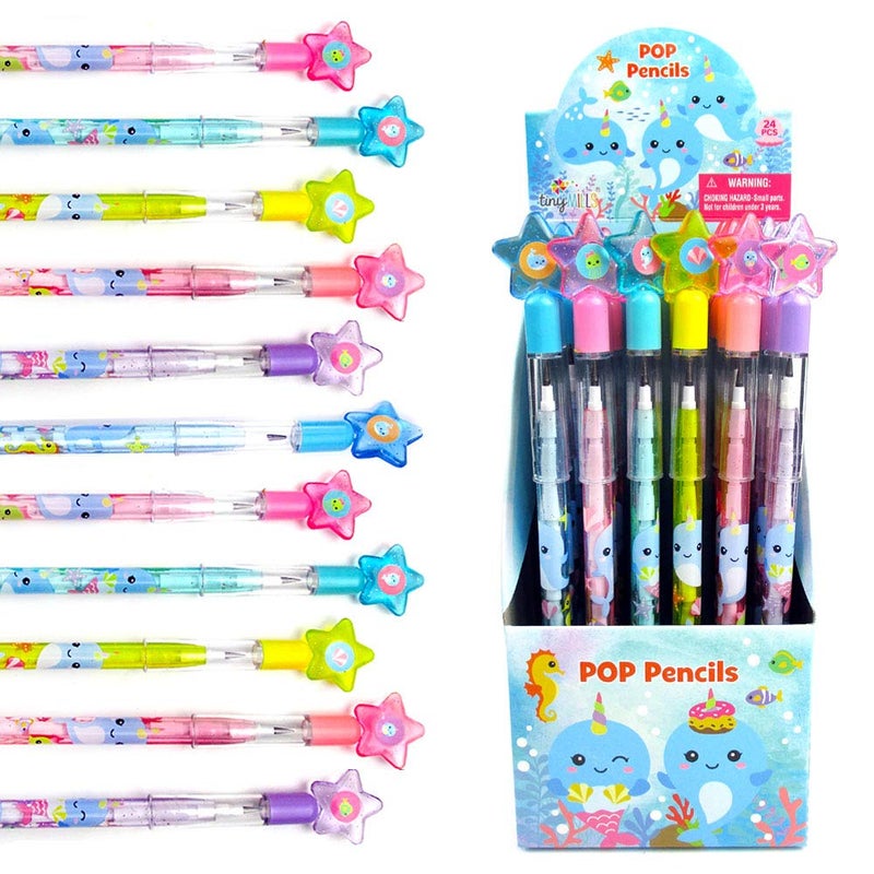 TINYMILLS 24 Pcs Narwhal Multi Point Pencils Stackable Stacking Push Pencils Assortment with Eraser for Girl Birthday Party Favor Goodie Bag Stuffers Carnival Prizes Classroom Rewards - Image 1